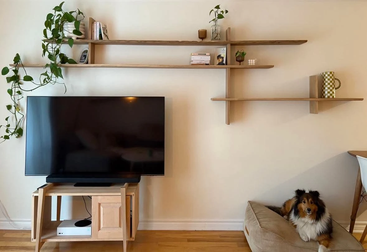 étagères intégrées chêne blanc salon vue d’ensemble